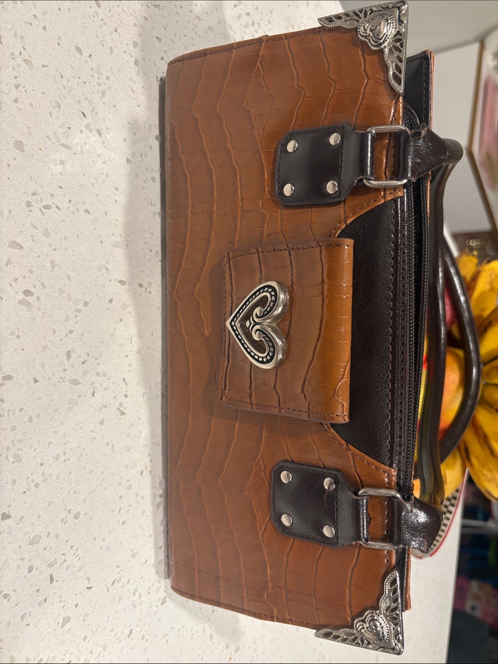 Brown Croc-Embossed Heart Accent Women’s Handbag